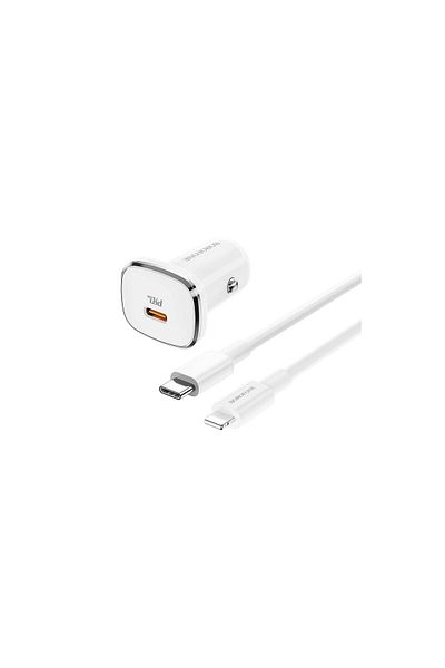 Borofone Lasting Power Bz12b Car Charger Set With Type-C To Lightning Cable, 1xType-C, Qc 3.0, White