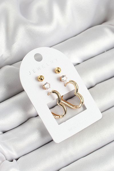 Skygo Gold Color 3-Piece Double Women's Earring Set with Brass Zircon Stone and Heart Figure - Tj-Bkp10650