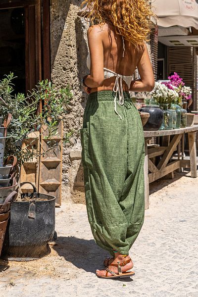 Güneşkızı Γυναικείο χακί λινό με τσέπες ελαστικό παντελόνι Shalwar Cck58048