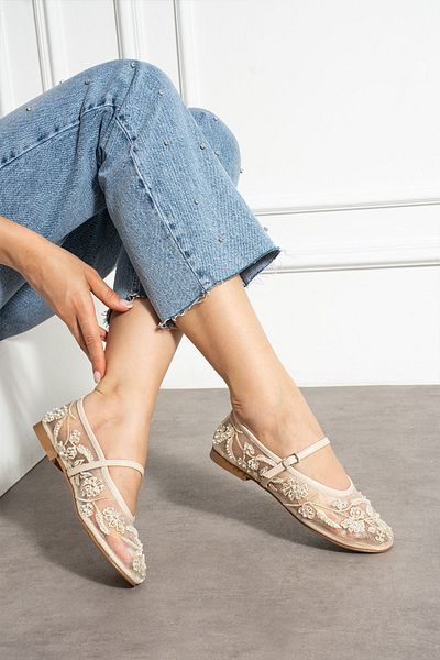 StWenn Beige Mesh Embroidery and Bead Detailed Round Toe Luxury Women's Ballerinas