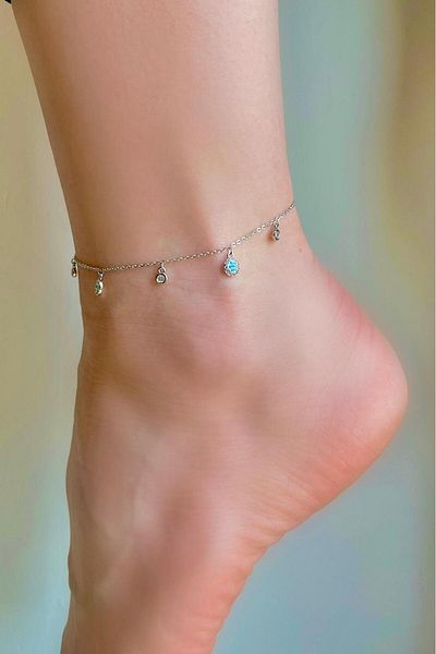 Bijou Luz Silver Blue Beaded Flower Zircon Stone Anklet