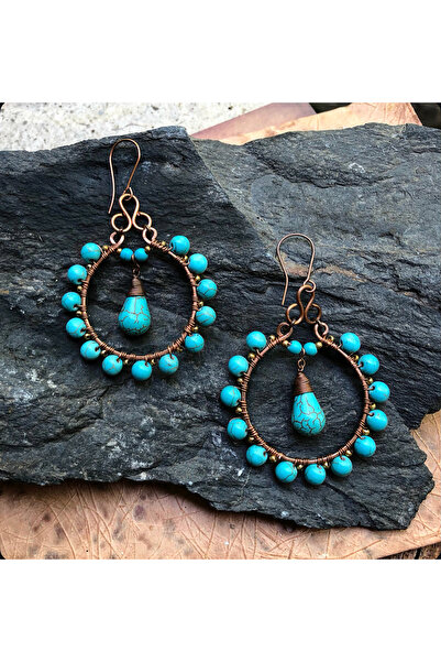 MODA Sıkma Turkuaz El Yapımı Bakır Tel Sarma Küpe