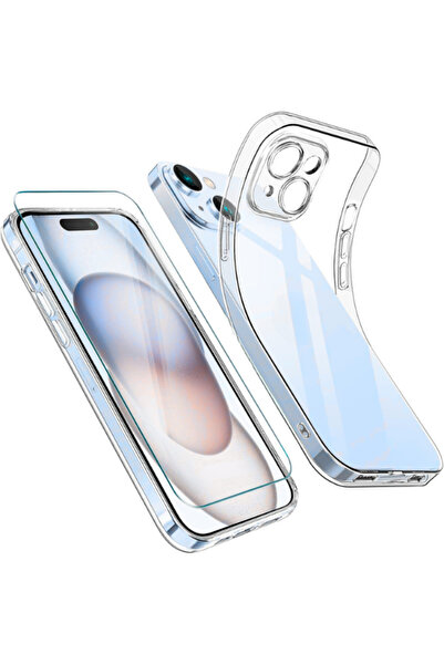 Evax 1C1K iPhone 15 Uyumlu 1 Kamera Korumalı Şeffaf Silikon Kılıf + 1 Temperl...