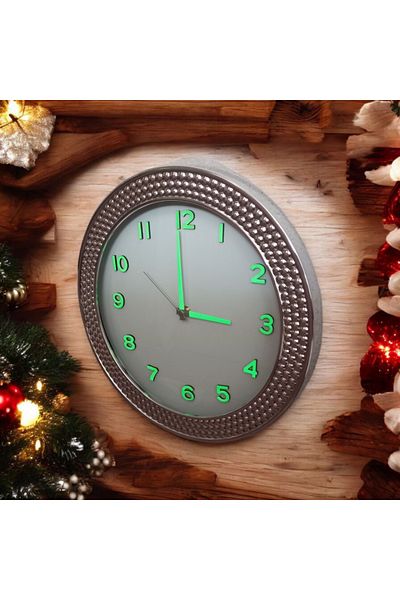 Bahat Phosphorescent 3D Relief Number Silver Chrome Color Wall Clock Diameter 33 cm White