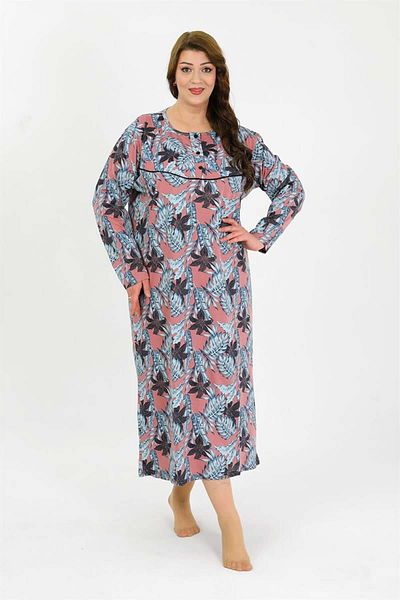 modaserdem Women's Large Size Long Sleeve Salmon Mother Nightgown 1378