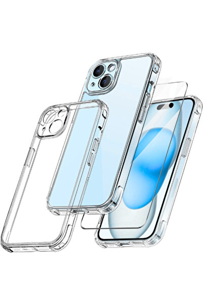 Evax 1C1K iPhone 15 Plus Uyumlu 1 Kamera Korumalı Şeffaf Silikon Kılıf + 1 Te...