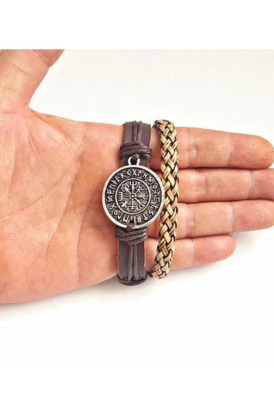 BSN Store Compass Vegvisir Design 2-Pack Fashionable Genuine Leather Bracelets