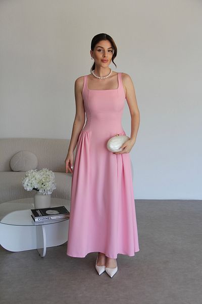 Julidress Powder Pink Strap Pleated Bell Cut Maxi Long Length Premium Pencil Evening Dress Invitation Dress