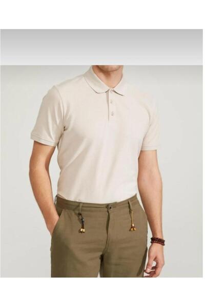 BAGİSTA BUTİK Unisex Beige Short Sleeve 100% Cotton Polo Collar T-Shirt Suita...