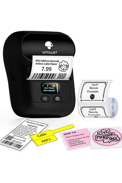 Vittalist Portable Thermal Label Printer, Phone App, Bluetooth,Compatible with iOS/Android/Windows/Mac, Black