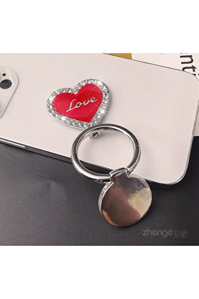 EDELFU Popsocket Gümüş Taşlı Halka Love Kalpli Metal Telefon Tutacağı Sert Yüzey Yapışkanlı Parmak Tutucu