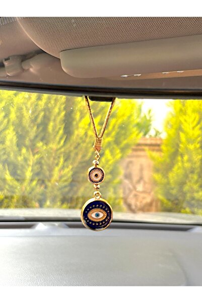 Azrua Ornament pentru oglindă auto, rotund, din metal albastru închis, cu mărgele, cu ochiul de zână, amuleta pentru mașină, protecție împotriva ochiului rău