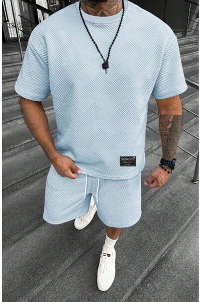 The Casius. Compleu de tricou și pantaloni scurți, The Casius, bleu, material texturat, mărime S