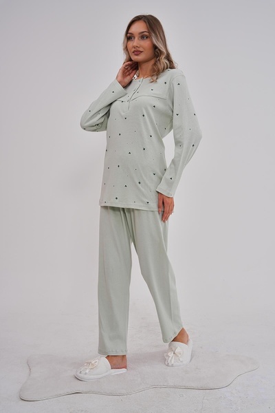 By Mecit Pijama Women's Long Sleeve Pistachio Green Women's 100% Cotton Plus Size Pajamas Set