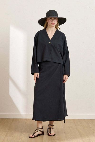 Ceylan Otantik Black Organic Linen Single Pocket Jacket & Wrap Skirt Set