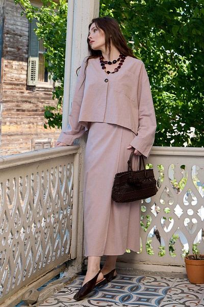 Ceylan Otantik Dusty Rose Organic Linen Single Pocket Jacket & Wrap Skirt Set