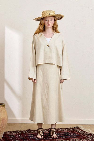 Ceylan Otantik Cream Organic Linen Single Pocket Jacket & Wrap Skirt Set
