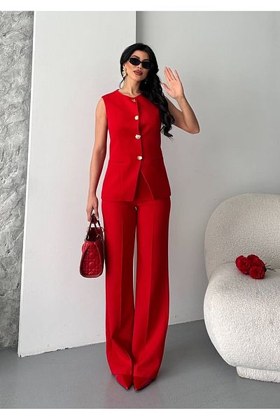 pembekurdelem Women's Design Buttoned Vest Trousers Suit Red