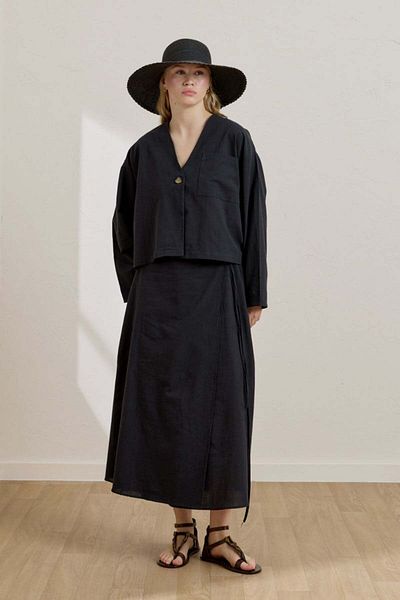Ceylan Otantik Black Organic Linen Single Pocket Jacket & Wrap Skirt Set