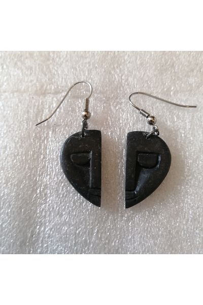 Butik Tülin Authentic Handmade Natural Stone Serpentine Black Double Half Face Mask Earrings 4.5X1.4 Made in Mozambique
