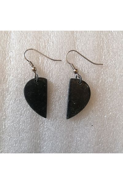 Butik Tülin Authentic Handmade Natural Stone Serpentine Black Double Half Face Mask Earrings 4.5X1.4 Made in Mozambique