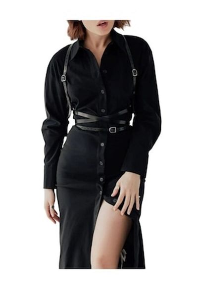 The Casius. Harness-style belt with three silver buckles, length 256 cm, universal size, black color, The Casius