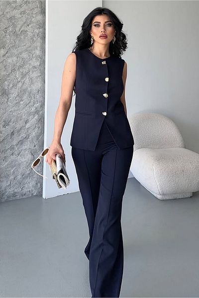 pembekurdelem Women's Design Buttoned Vest Trousers Suit Navy Blue