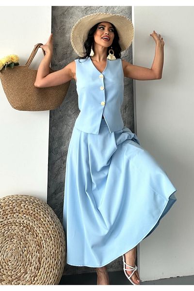 pembekurdelem Women's Vest Pleated Skirt Suit Baby Blue