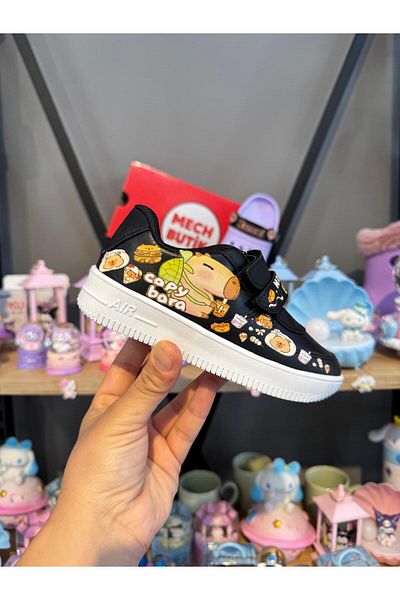 MECH BUTİK Pantofi sport pentru fete-băieți cu velcro negru imprimat CapyBara