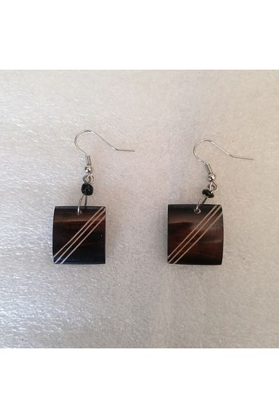 Butik Tülin Authentic Handmade Natural Bone Coffee Square Stripes Dangle Earrings 4.5X1.5 Made in Kenya