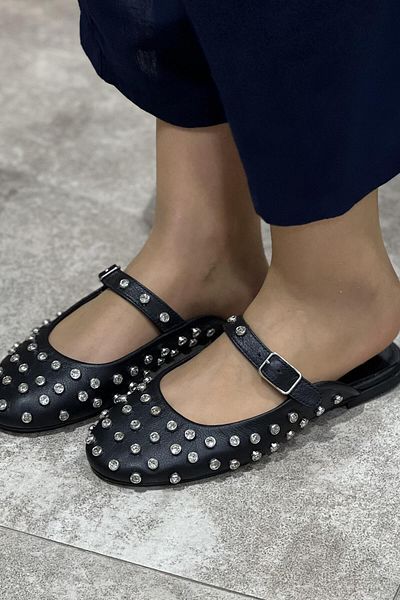 Majensia Open Back Stone Genuine Leather Ballerinas
