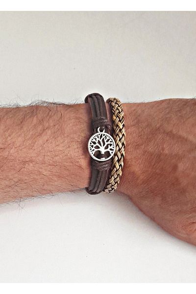 BSN Store Tree of Life Design 2-Pack Fashionable Khaki Leather Bracelets