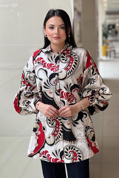 Ghisa Shawl Patterned Pearl Buttoned Cotton Shirt