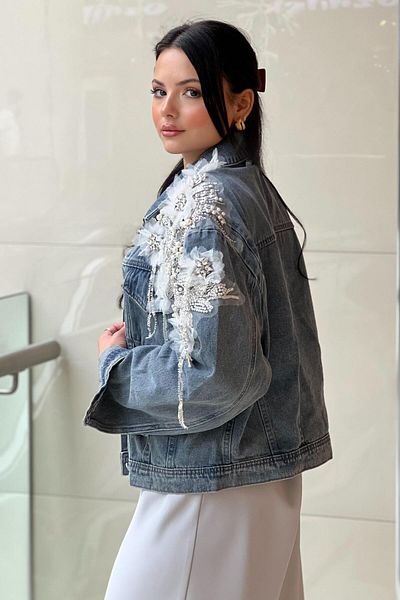 Mahal Pearl and Stone Embroidered Denim Jacket