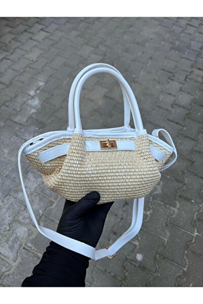 Mia Collection حقيبة يد وكتف نسائية من القش الحقيقي موديل ليما باللون الأبيض