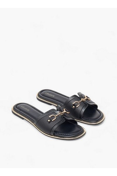 Celeste Women's Textured Slip-On Flat Sandals with Metal Accent