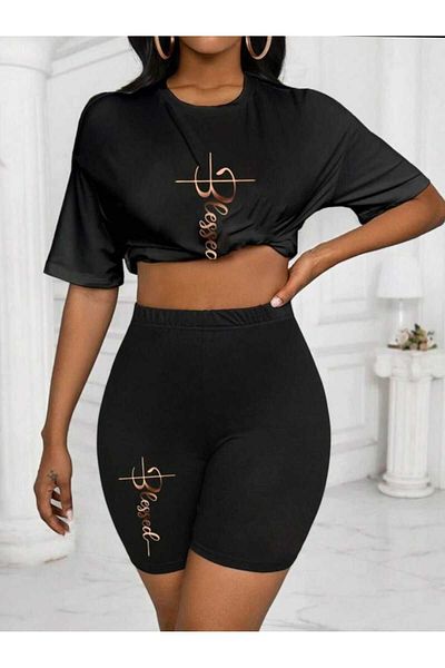 WOODROFFE Design Printed Women's Short Tights Oversize Casual Boyfriend T-shirt Set