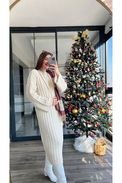 POİNE Women's Crew Neck Hair Braided Knitwear Long Dress