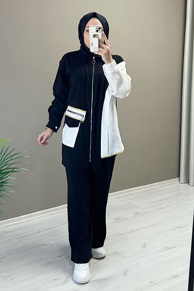 T Moda Store Cupra Fabric Asymmetric Cut Zipper and Pocket Detailed Double Hijab Suit