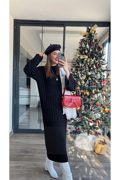 POİNE Women's Crew Neck Hair Braided Knitwear Long Dress