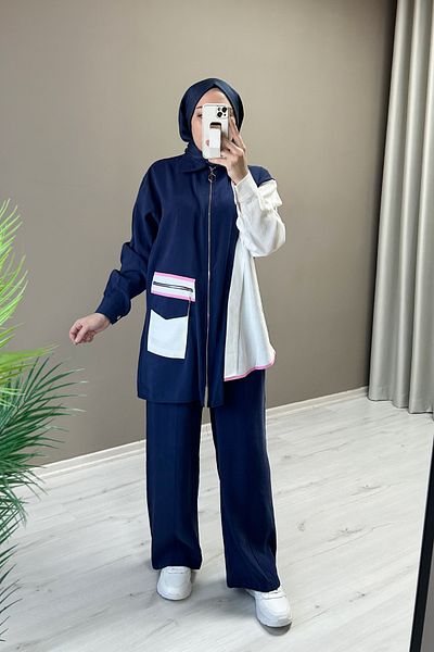 T Moda Store Cupra Fabric Asymmetric Cut Zipper and Pocket Detailed Double Hijab Suit