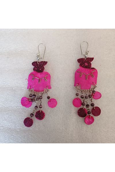 Butik Tülin Authentic Handmade Natural Fish Scale Fuchsia Alpaca Beaded Owl Long Dangle Earring 9.7X2.5 Chile