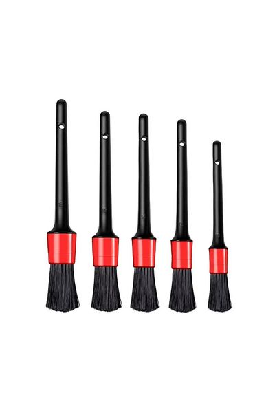 OEM Set of 5 brushes for Detailing and cleaning car interior and exterior, different sizes, Black-Red