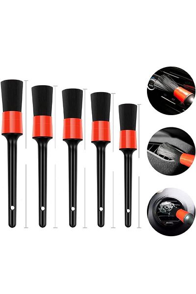 OEM Set of 5 car detailing brushes, for cleaning car interior-exterior, polyester, black-red