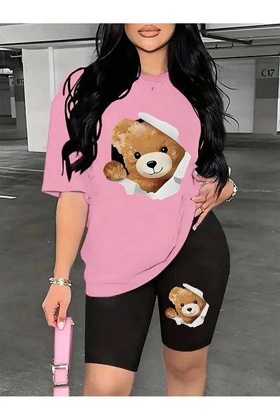 WOODROFFE Women's Window Cute Bear Printed T-Shirt, Scuba Diver Short Leggings Set (Leggings T-Shirt Set)