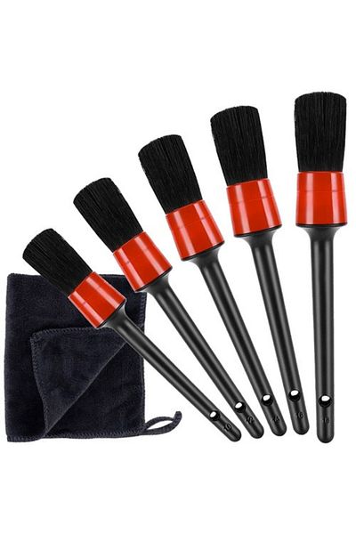 OEM Set of 5 car detailing brushes, for cleaning car interior and exterior, includes microfiber cloth,
