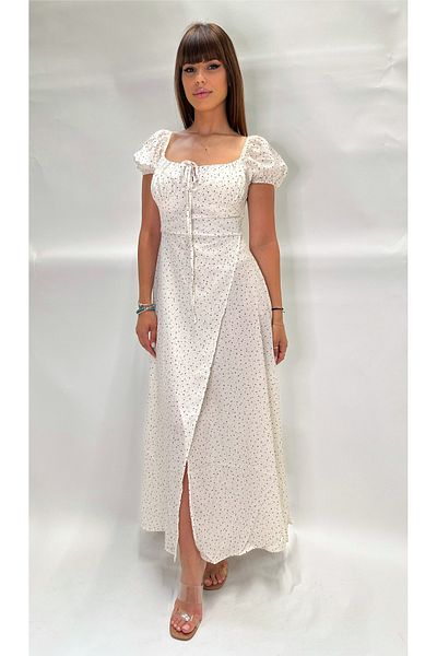 IFASTFASHION Rochie midi albă pentru femei, cu mâneci bufante și crăpături – Imprimeu cu buline, pliuri în față, stil romantic de vară