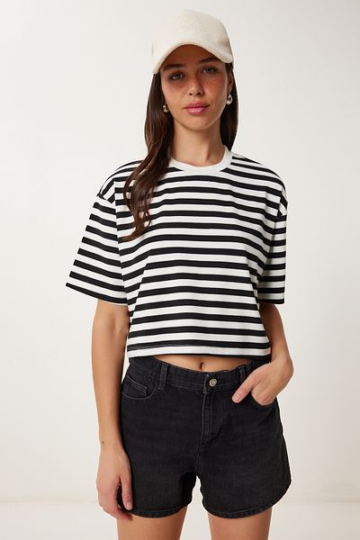Lovelyİstanbul Tricou tricotat Crop elastic cu dungi BLACK BONE LCR0082