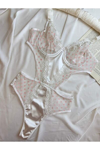 ROZENİN LINGERIE Ekru Dantelli Saten Detaylı Dantelli Bodysuit