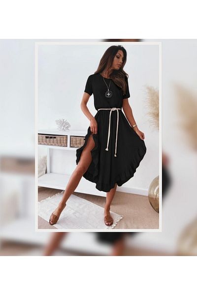 atelyu Women's Black Summer Midi Length Rope Belt Combed Cotton Dress